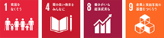 1 貧困をなくそう 4 質の高い教育をみんなに 8 働きがいも 経済成長も 9 産業と技術革新の基盤をつくろう