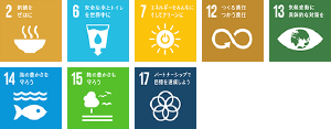 2 飢餓をゼロに 6 安全な水とトイレを世界中に 7 エネルギーをみんなに そしてクリーンに 12 つくる責任 つかう責任 13 気候変動に具体的な対策を 14 海の豊かさを守ろう 15 陸の豊かさも守ろう 17 パートナーシップで目標を達成しよう