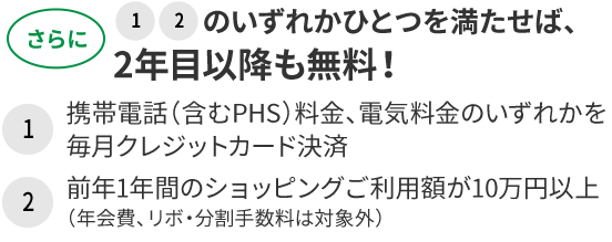 さらに1、2のいずれかひとつを満たせば、2年目以降も無料! 1携帯電話(含むPHS)料金、電気料金のいずれかを毎月クレジットカード決済 2前年1年間のショッピングご利用額が10万円以上(年会費、リボ・分割手数料は対象外)