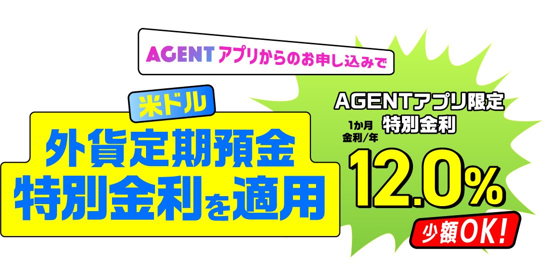 アプリで始める! 定期預金 夏のボーナスキャンペーン AGENTアプリからのお申し込みで 米ドル外貨定期預金特別金利を適用 AGENTアプリ限定特別金利1か月金利/年12.0% 少額OK！