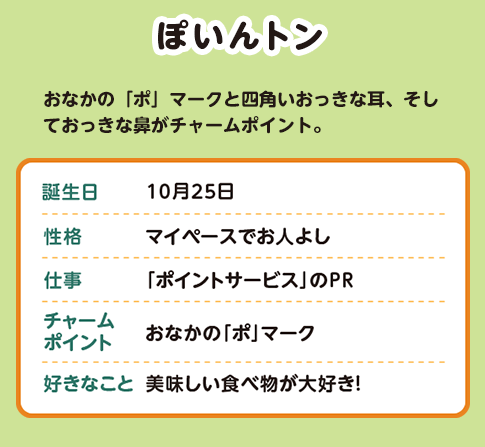 ぽいんトン おなかの「ポ」マークと四角いおっきな耳、そしておっきな鼻がチャームポイント。誕生日 10月25日 性格 マイペースでお人よし 仕事「ポイントサービス」のＰＲ チャームポイント おなかの「ポ」マーク 好きなこと 美味しい食べ物が大好き！