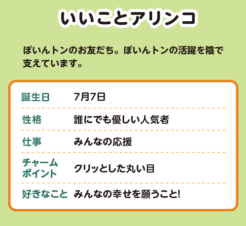 いいことアリンコ ぽいんトンのお友だち。ぽいんトンの活躍を陰で支えています。誕生日 7月7日 性格 誰にでも優しい人気者 仕事 みんなの応援 チャームポイント クリッとした丸い目 好きなこと みんなの幸せを願うこと！