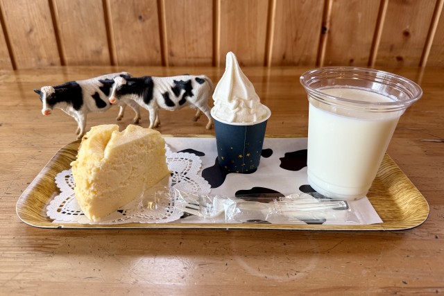 牛乳とミニソフトが付いたチーズケーキセット