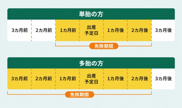 単胎妊娠は4カ月間、多胎妊娠は6カ月間免除される