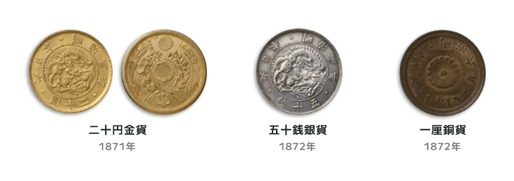 二十円金貨1871年 一厘銅貨1872年 五十銭銀貨1872年