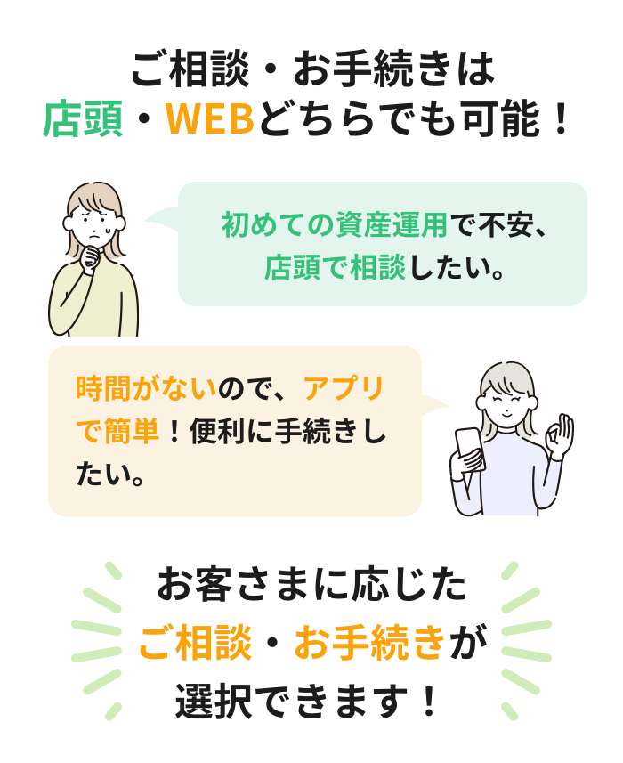 ご相談・お手続きは 店頭・WEBどちらでも可能！お客さまに応じたご相談・お手続きが選択できます！